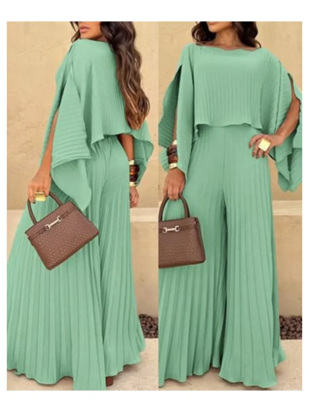 3 Piece Pleated Vacation Outfit Set with Crop Top, Bandeau & Wide Leg Pants